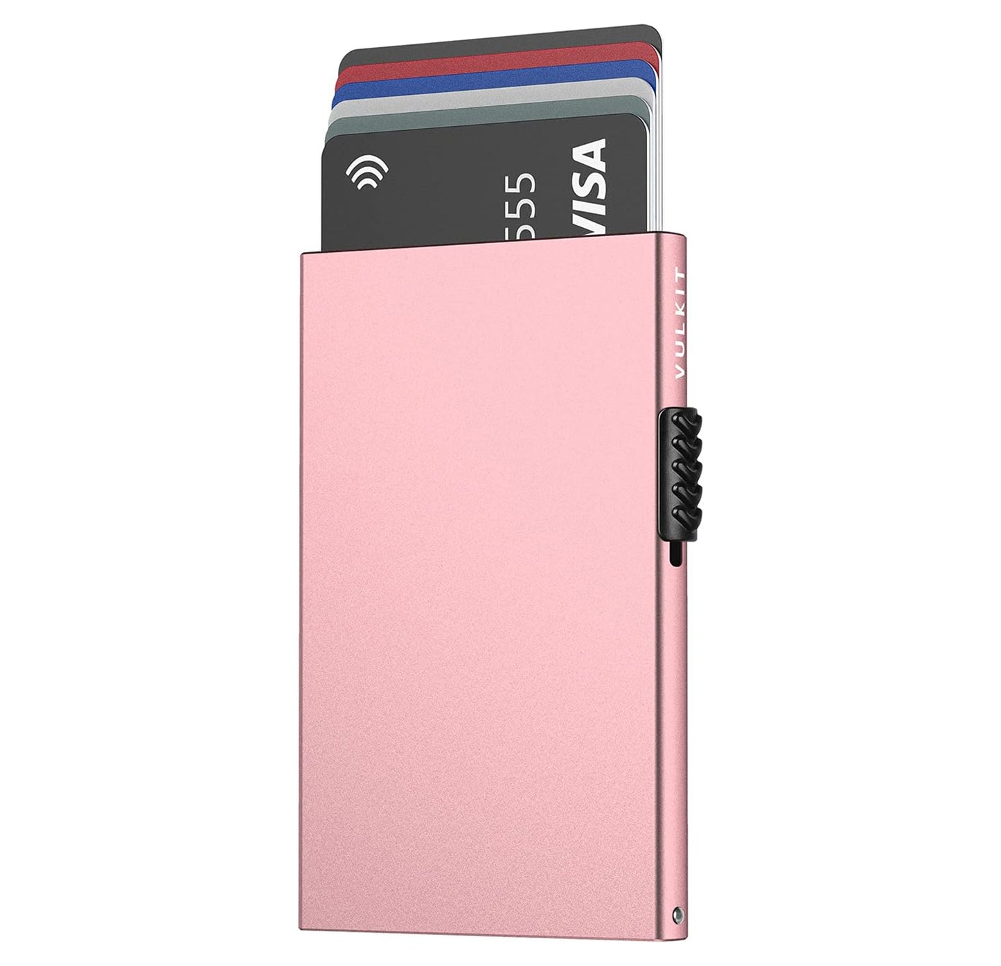 VULKIT Slim Metal Wallet with RFID Protection: Sleek metal wallet with a pop-up card feature, providing RFID protection to prevent unauthorized scanning of contactless cards.