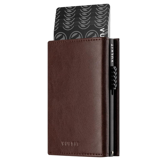 VULKIT Leather Wallet: Compact card holder crafted from leather, featuring a pop-up mechanism for easy card access and magnetic closure for secure storage.