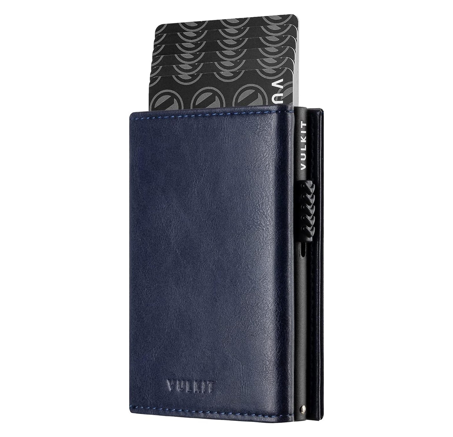 VULKIT Leather Wallet: Compact card holder crafted from leather, featuring a pop-up mechanism for easy card access and magnetic closure for secure storage.