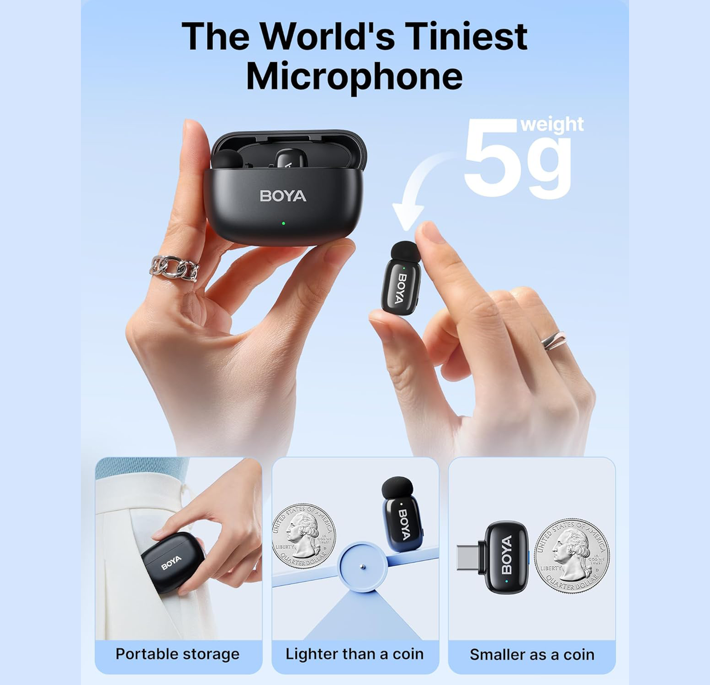 BOYA Mini USB-C Wireless Lavalier Microphone for Andriod iPhone15/16, Ultra Mini Microphone with AI Voice Switching, Noise Reduction and Charging Case, Metal Clip on TikTok Content Creators