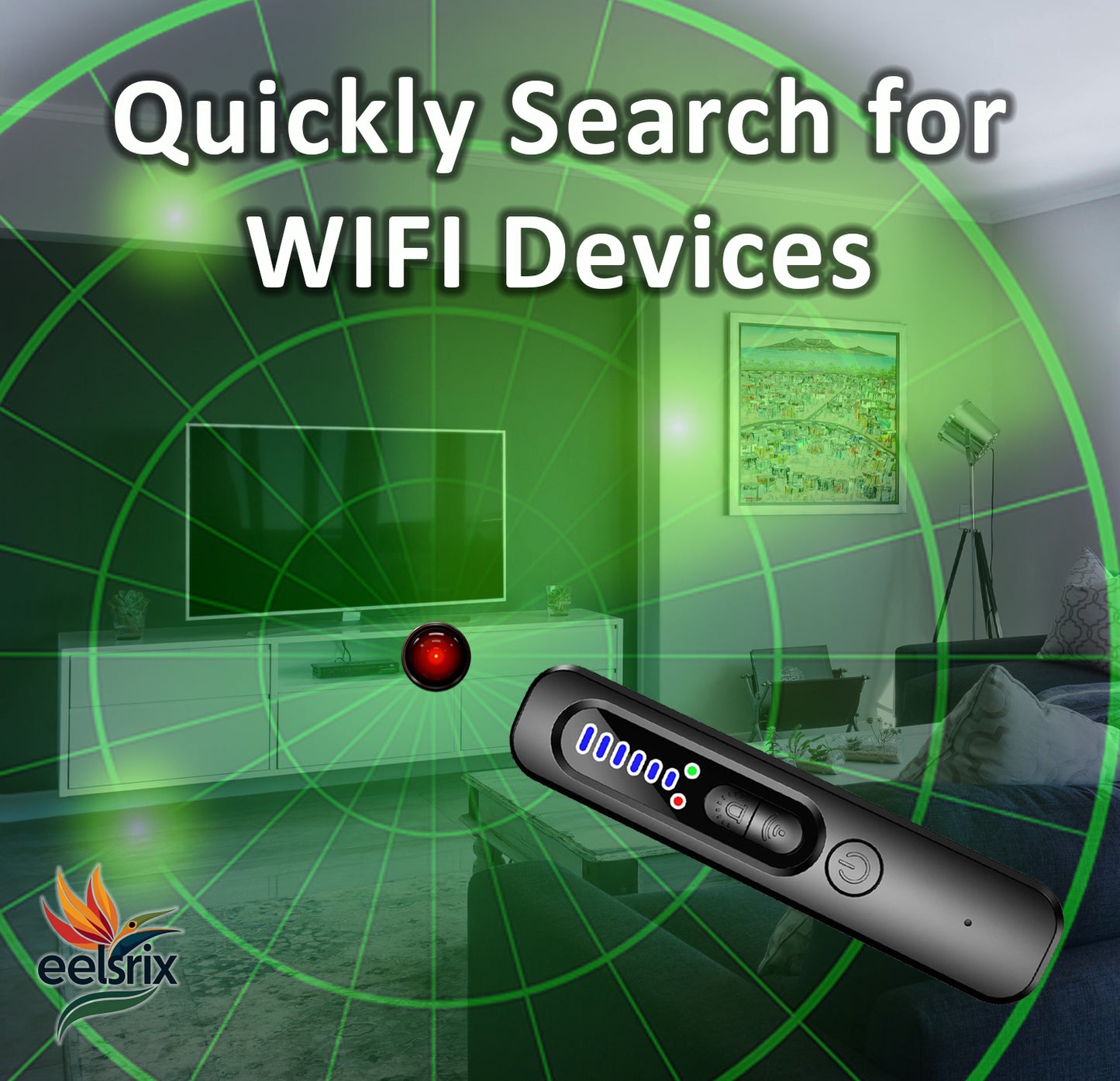 Portable Spy Camera and GPS Tracker Detector: Handheld device detecting hidden cameras and GPS trackers in offices, cars, hotels, and during travel, enhancing personal privacy and security.