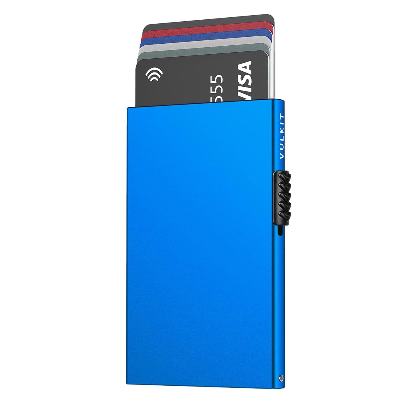 VULKIT Slim Metal Wallet with RFID Protection: Sleek metal wallet with a pop-up card feature, providing RFID protection to prevent unauthorized scanning of contactless cards.