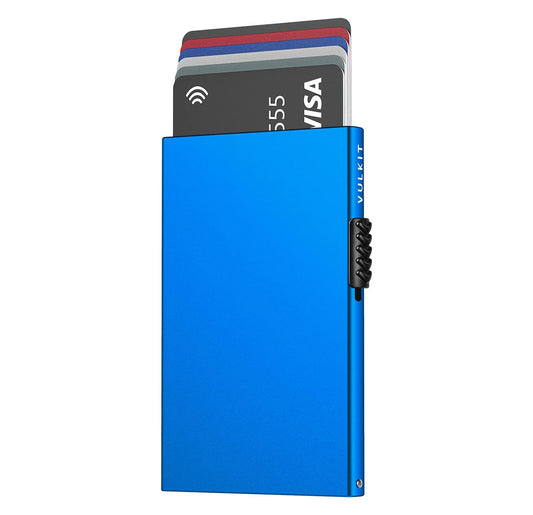 VULKIT Slim Metal Wallet with RFID Protection: Sleek metal wallet with a pop-up card feature, providing RFID protection to prevent unauthorized scanning of contactless cards.
