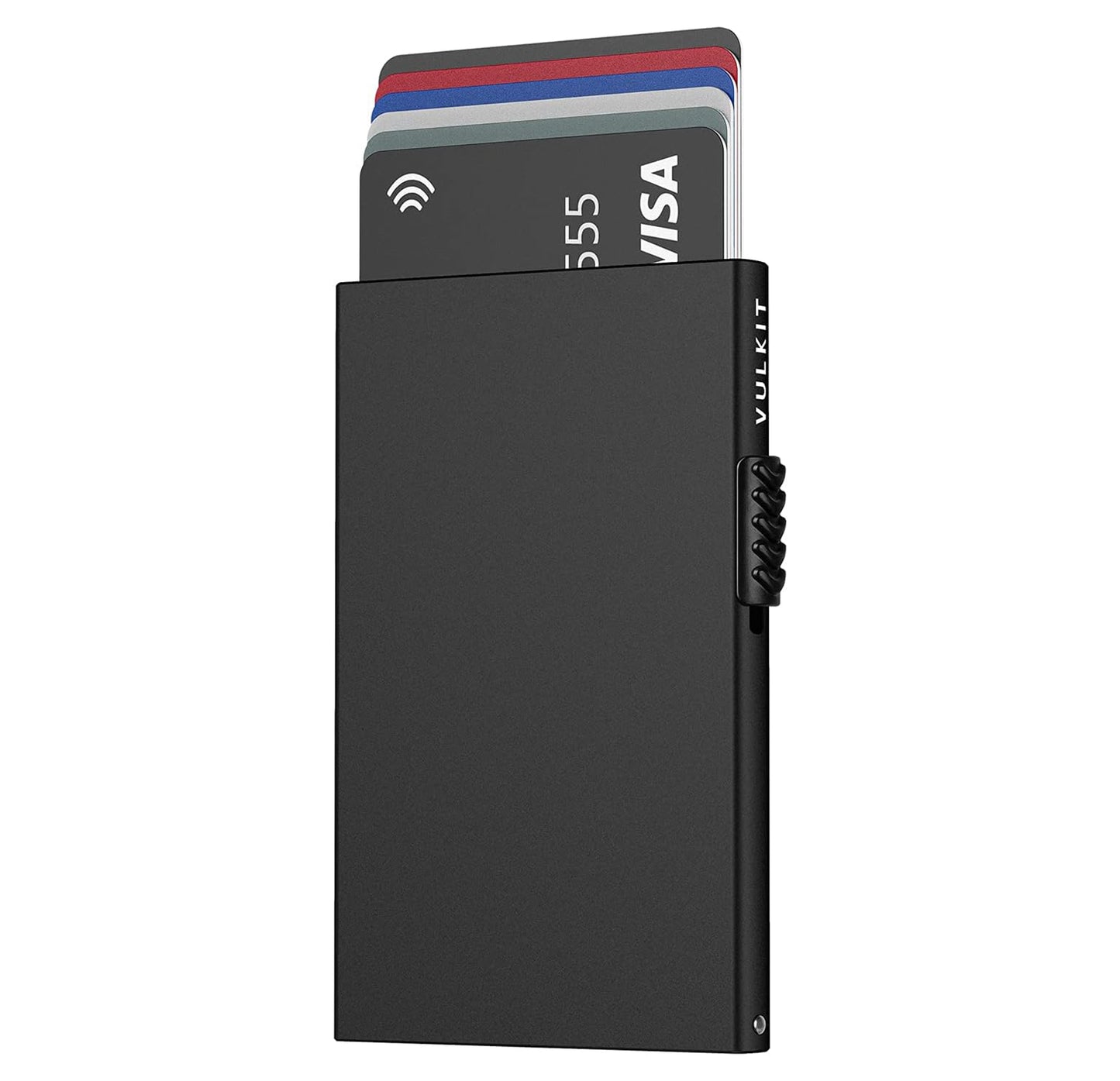 VULKIT Slim Metal Wallet with RFID Protection: Sleek metal wallet with a pop-up card feature, providing RFID protection to prevent unauthorized scanning of contactless cards.