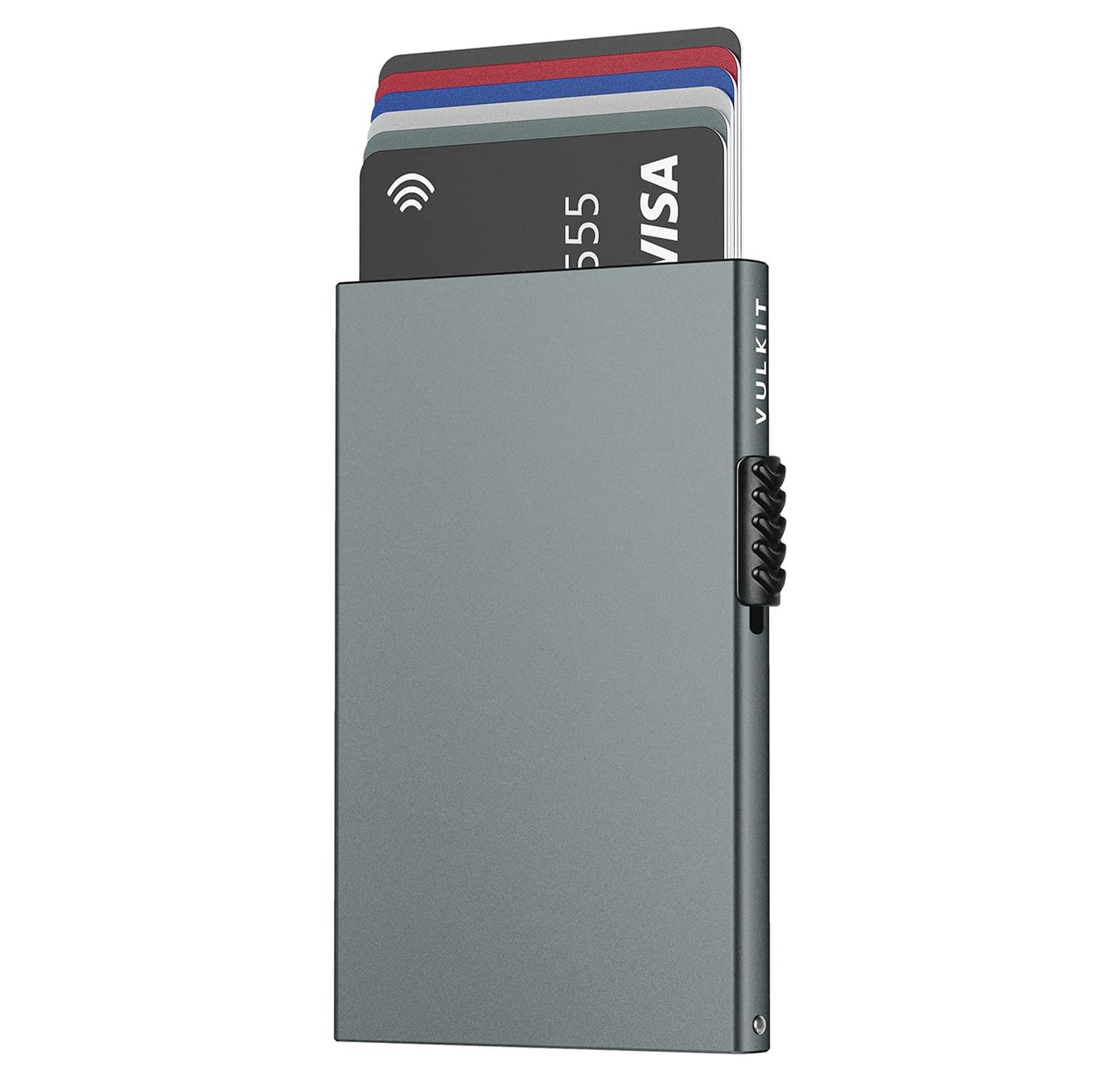 VULKIT Slim Metal Wallet with RFID Protection: Sleek metal wallet with a pop-up card feature, providing RFID protection to prevent unauthorized scanning of contactless cards.