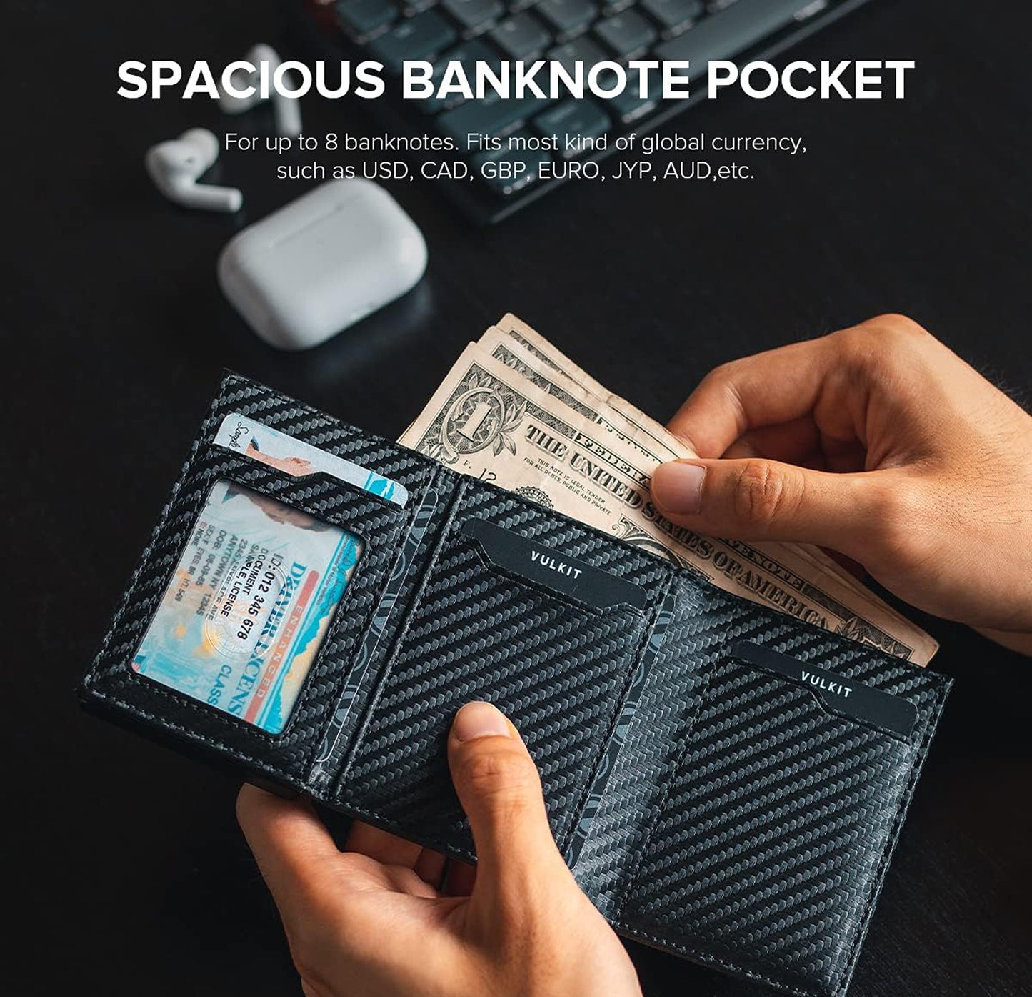 VULKIT Leather Wallet: Compact card holder crafted from leather, featuring a pop-up mechanism for easy card access and magnetic closure for secure storage.