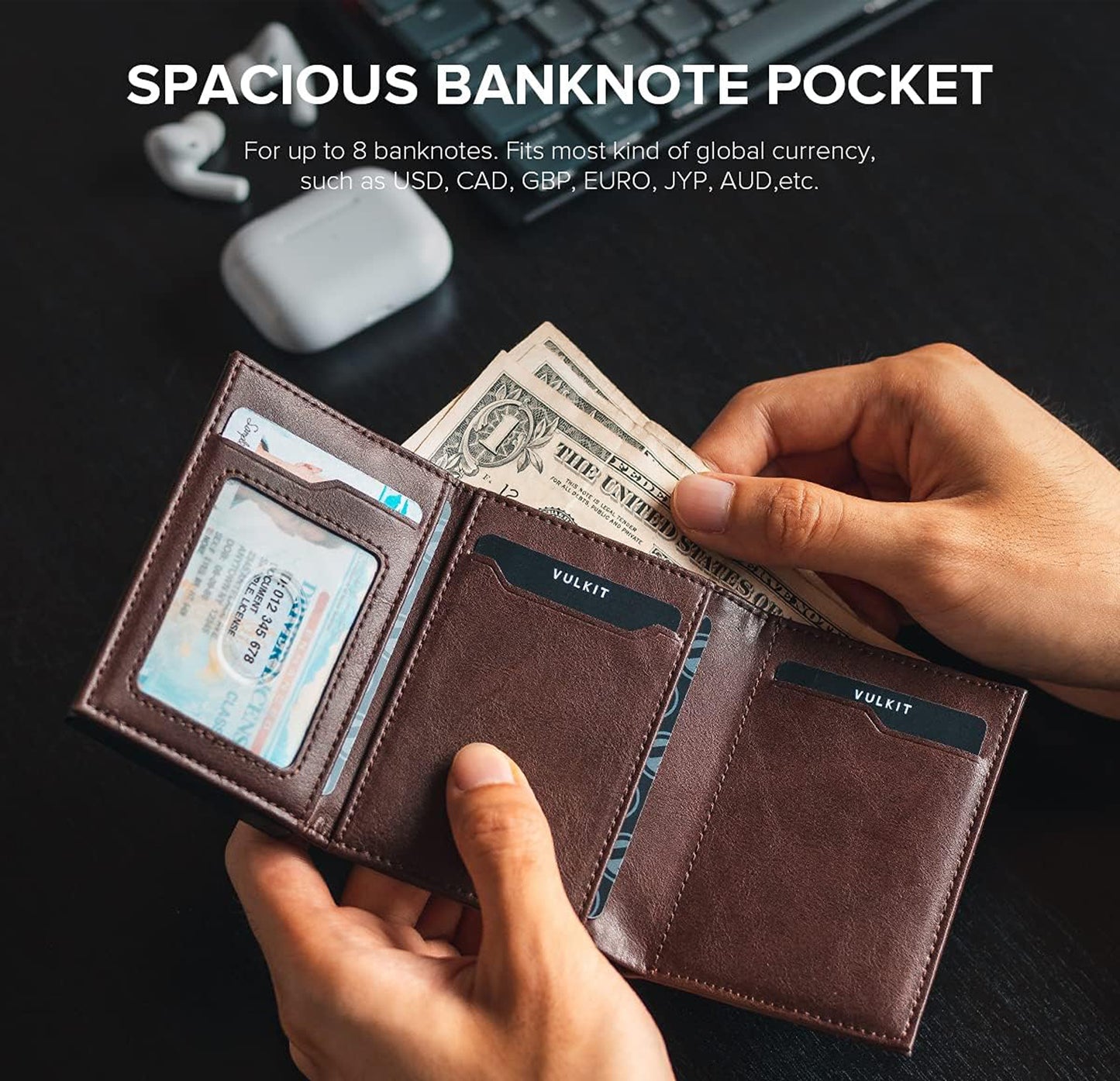 VULKIT Leather Wallet: Compact card holder crafted from leather, featuring a pop-up mechanism for easy card access and magnetic closure for secure storage.