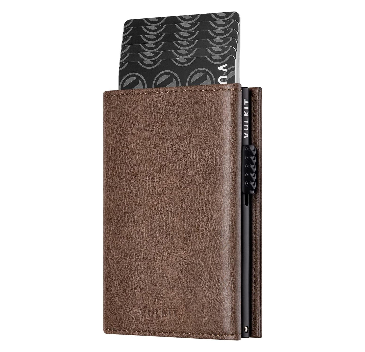 VULKIT Leather Wallet: Compact card holder crafted from leather, featuring a pop-up mechanism for easy card access and magnetic closure for secure storage.