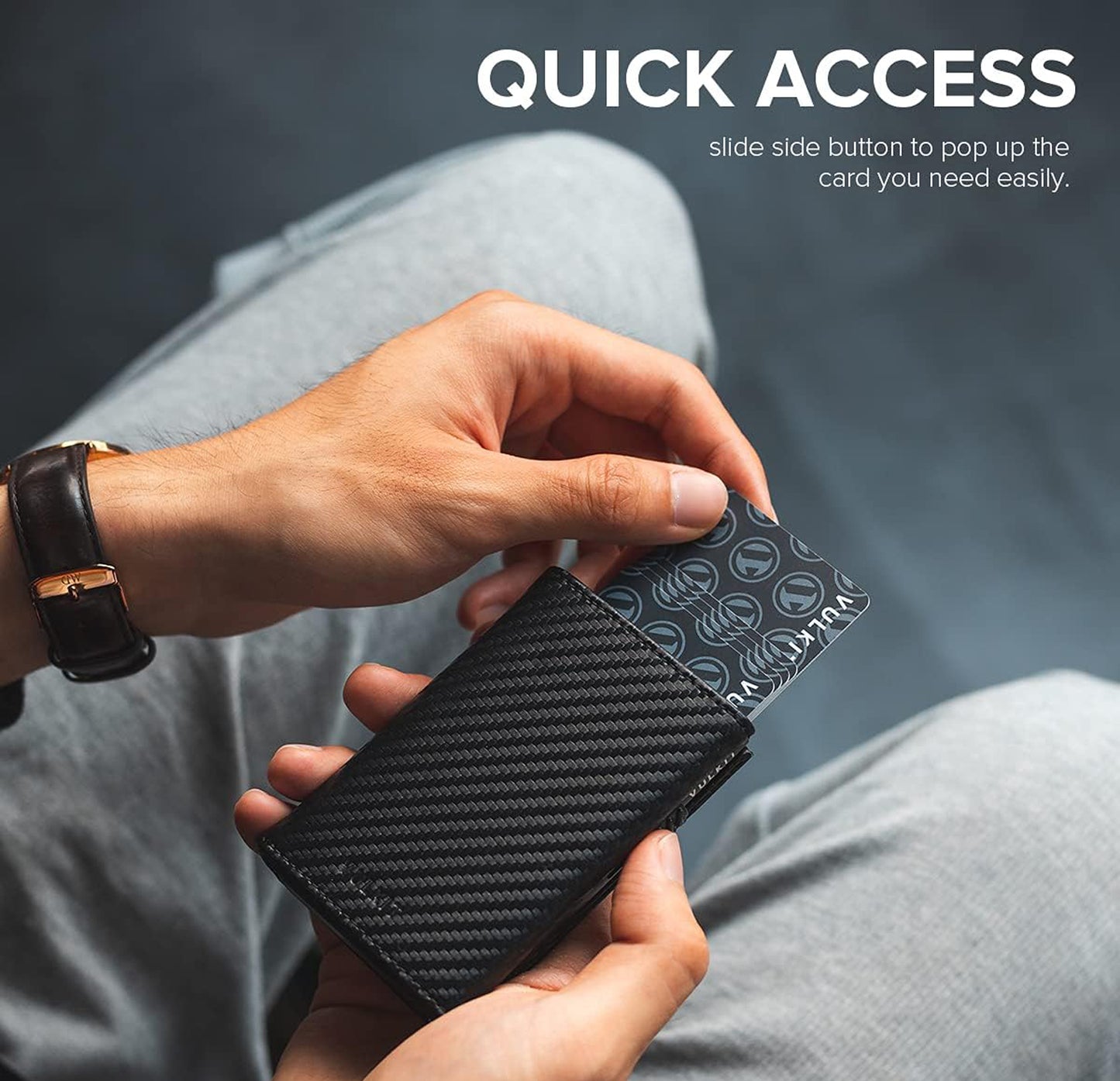 VULKIT Leather Wallet: Compact card holder crafted from leather, featuring a pop-up mechanism for easy card access and magnetic closure for secure storage.