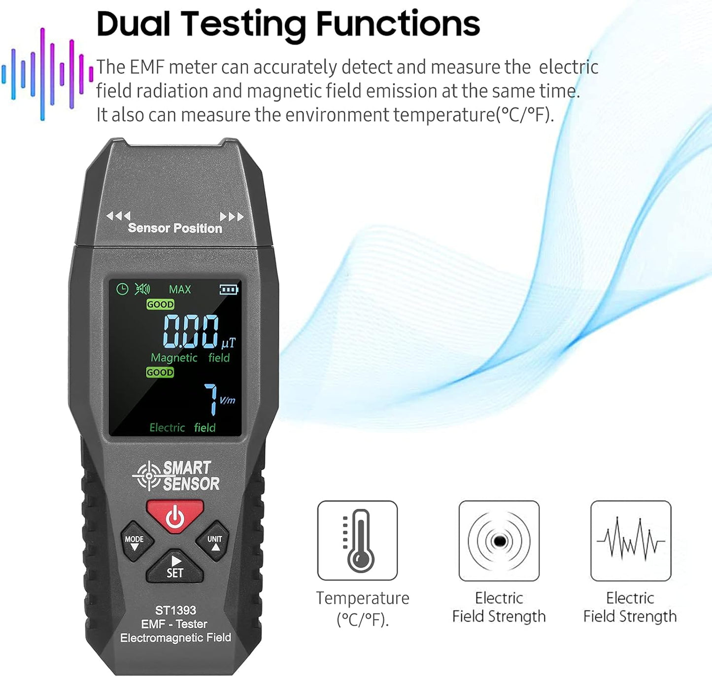 ST1393 Handheld EMF Meter & Radiation Tester: Portable device measuring electromagnetic field (EMF) radiation levels, assisting in monitoring environmental exposure to ensure safety and compliance.