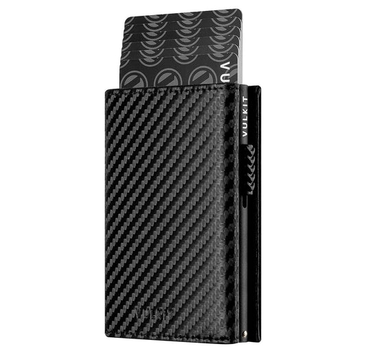 VULKIT Leather Wallet: Compact card holder crafted from leather, featuring a pop-up mechanism for easy card access and magnetic closure for secure storage.