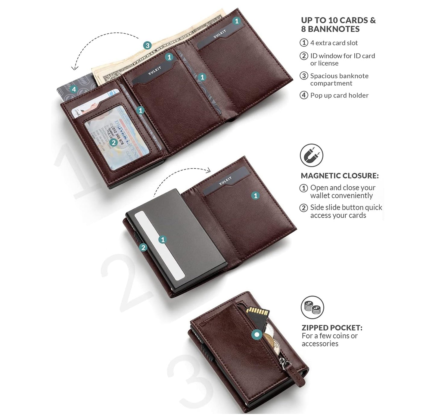 VULKIT Leather Wallet: Compact card holder crafted from leather, featuring a pop-up mechanism for easy card access and magnetic closure for secure storage.