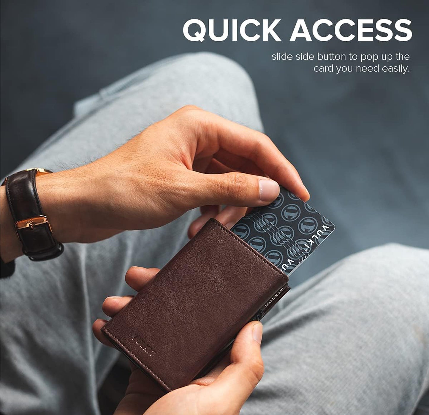 VULKIT Leather Wallet: Compact card holder crafted from leather, featuring a pop-up mechanism for easy card access and magnetic closure for secure storage.