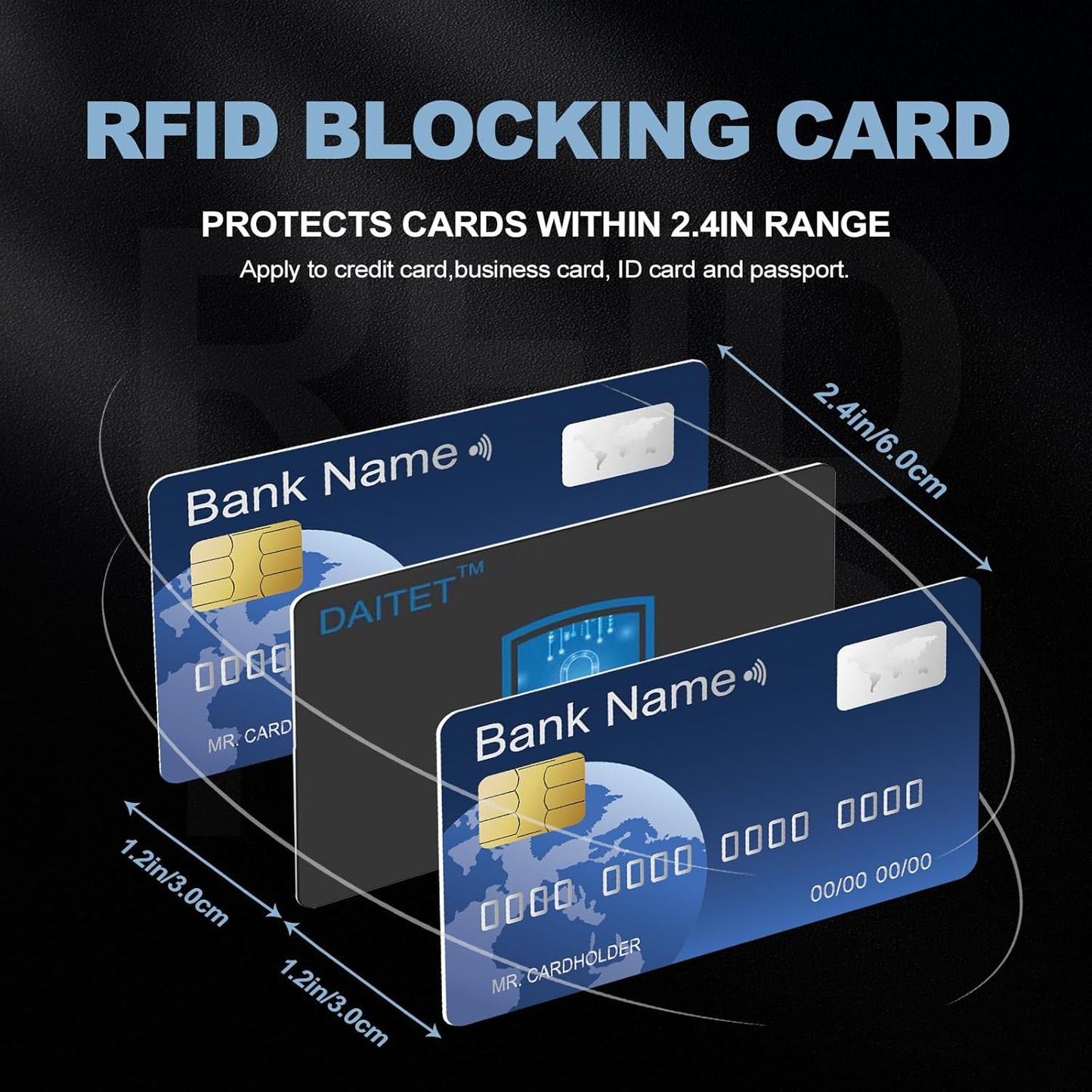 RFID and NFC Slim Contactless Card Protector: Slim protector blocking RFID and NFC signals, safeguarding contactless bank cards, credit/debit cards, and passports from unauthorized scanning and data theft.