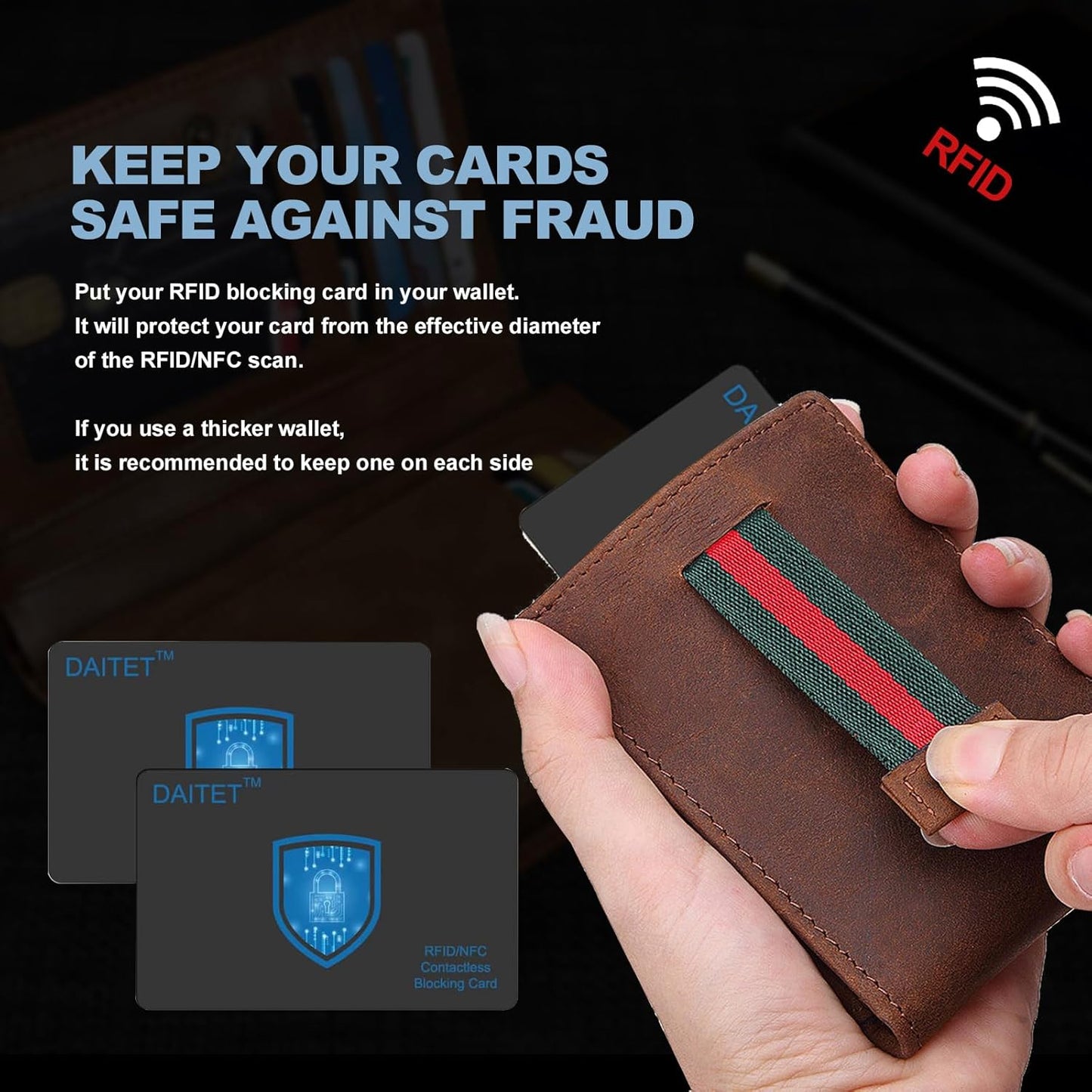 RFID and NFC Slim Contactless Card Protector: Slim protector blocking RFID and NFC signals, safeguarding contactless bank cards, credit/debit cards, and passports from unauthorized scanning and data theft.