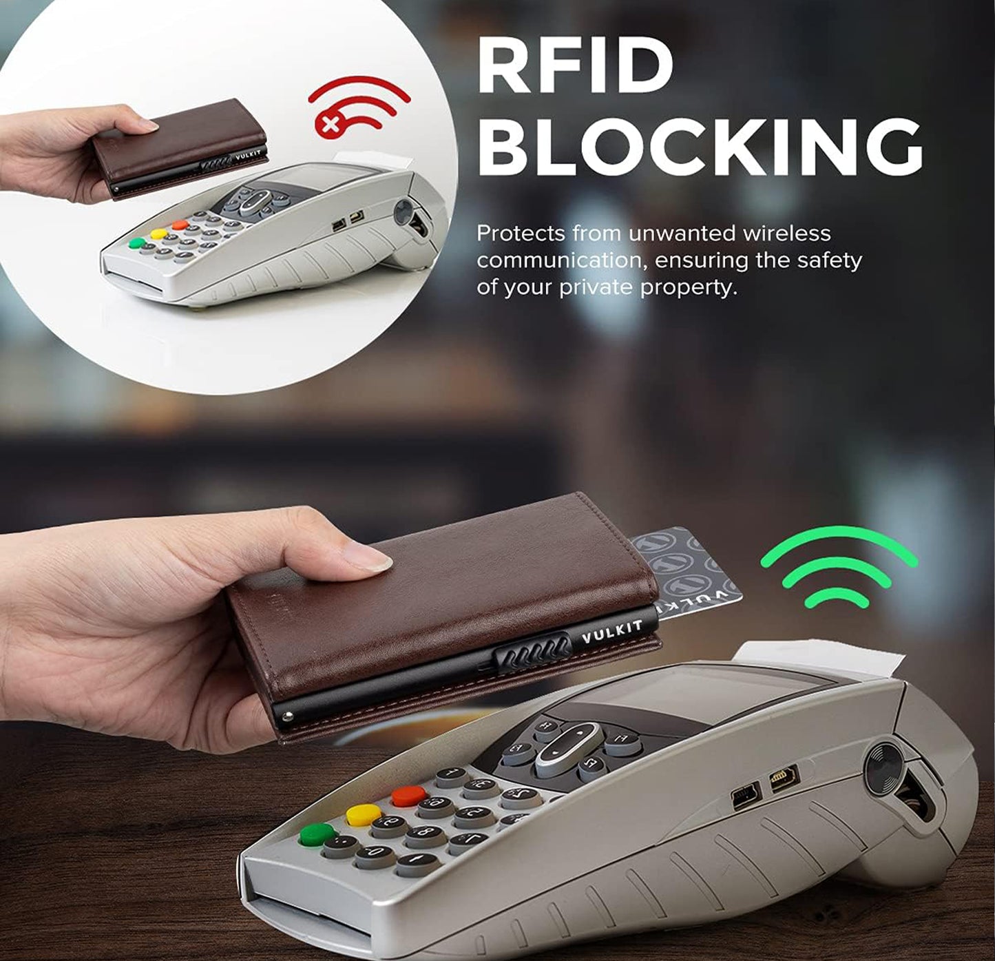 VULKIT Leather Wallet: Compact card holder crafted from leather, featuring a pop-up mechanism for easy card access and magnetic closure for secure storage.