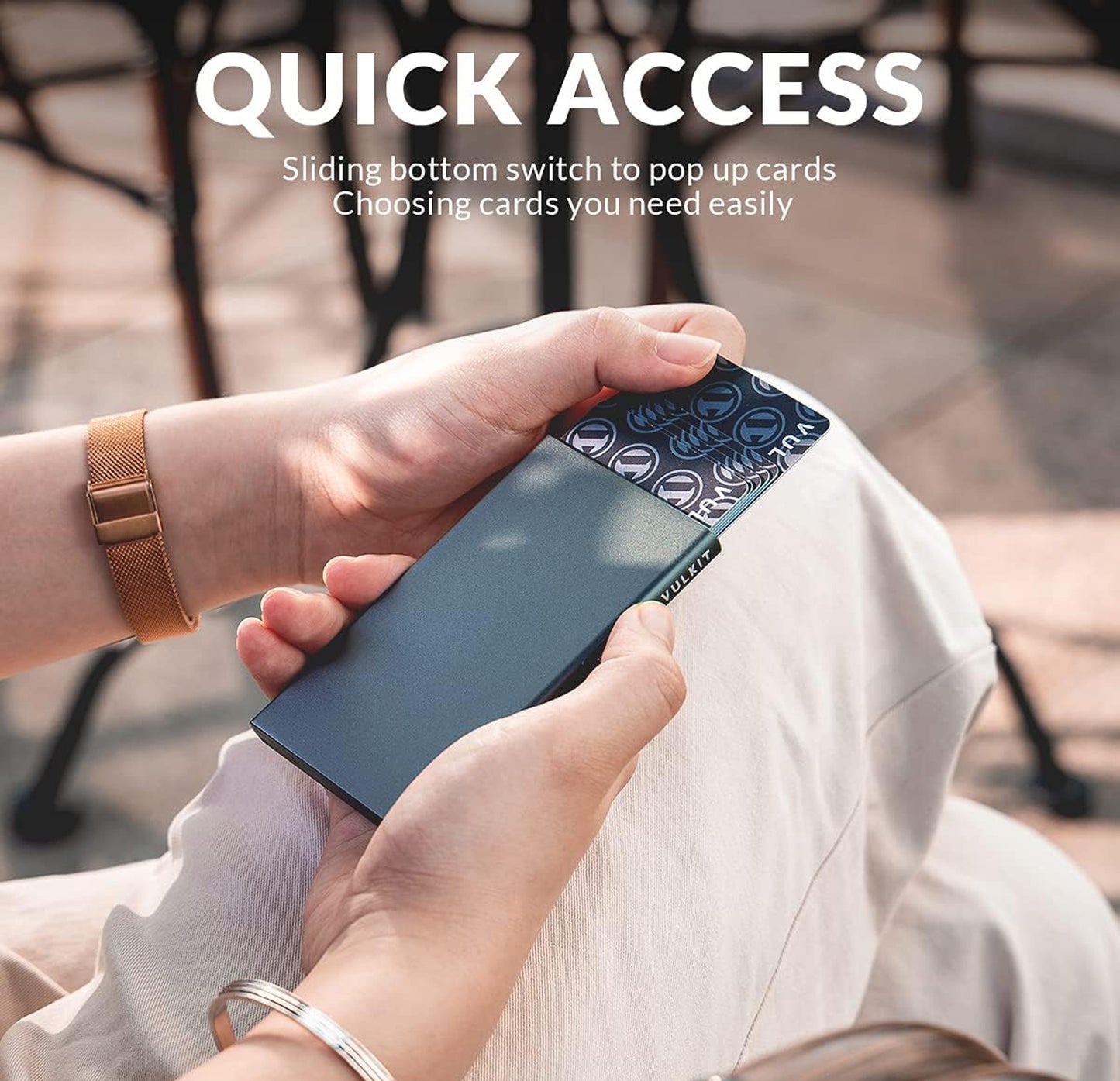 VULKIT Slim Metal Wallet with RFID Protection: Sleek metal wallet with a pop-up card feature, providing RFID protection to prevent unauthorized scanning of contactless cards.