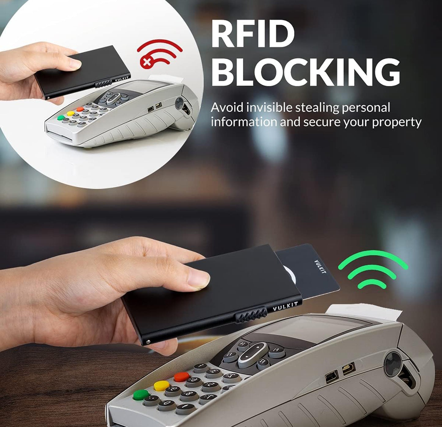 VULKIT Slim Metal Wallet with RFID Protection: Sleek metal wallet with a pop-up card feature, providing RFID protection to prevent unauthorized scanning of contactless cards.