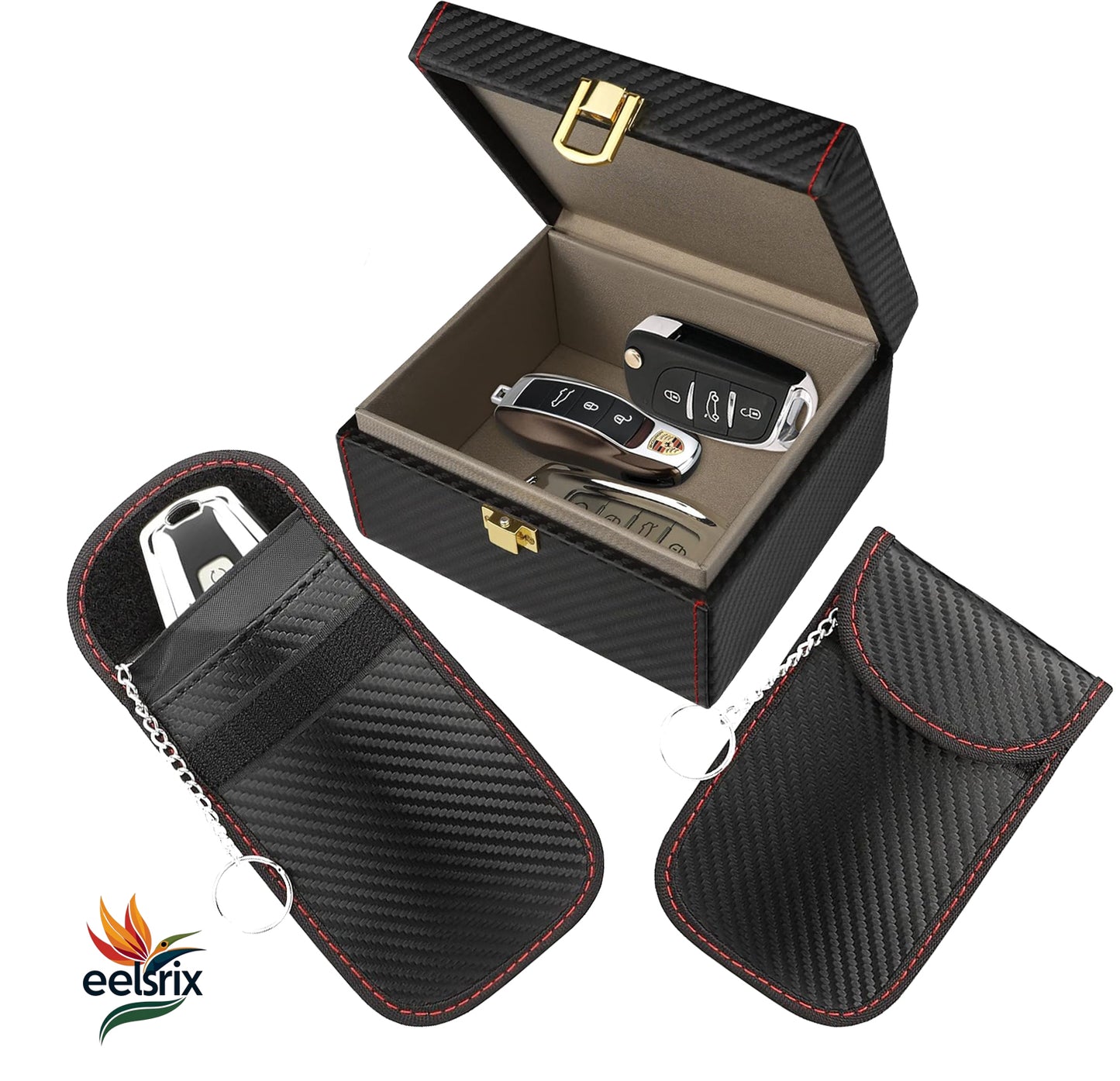 Anti-Theft RFID Signal Blocking Key Fob Protector: Medium-sized Faraday box accommodating 5-7 keys, includes two pouches, preventing unauthorized RFID scanning and keyless car theft by blocking signals.