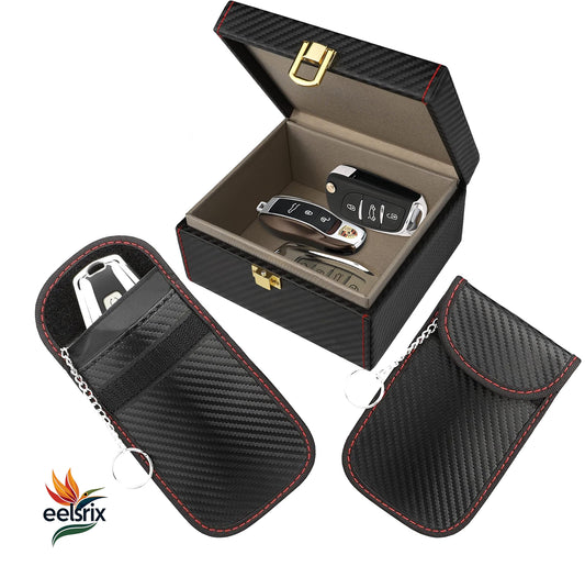 Anti-Theft RFID Signal Blocking Key Fob Protector: Medium-sized Faraday box accommodating 5-7 keys, includes two pouches, preventing unauthorized RFID scanning and keyless car theft by blocking signals.