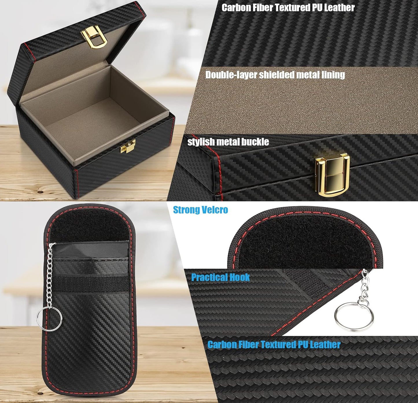 Anti-Theft RFID Signal Blocking Key Fob Protector: Medium-sized Faraday box accommodating 5-7 keys, includes two pouches, preventing unauthorized RFID scanning and keyless car theft by blocking signals.