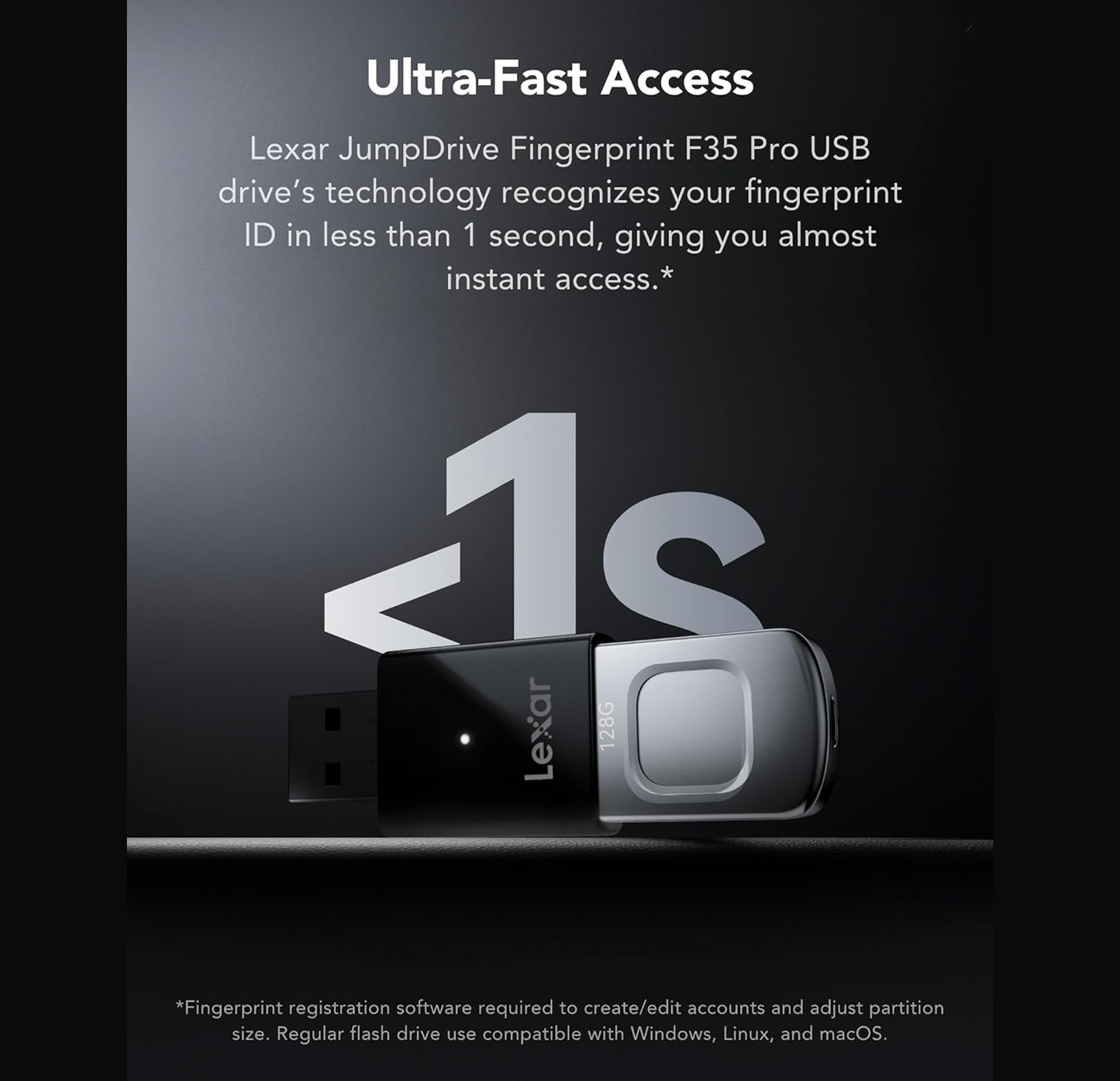 Lexar JumpDrive Fingerprint F35 PRO 128GB USB3.0 Flash Drive, Up to 400MB/s Read/300MB/s Write USB Stick, 10 Fingerprint IDs Allowed Memory Stick, USB