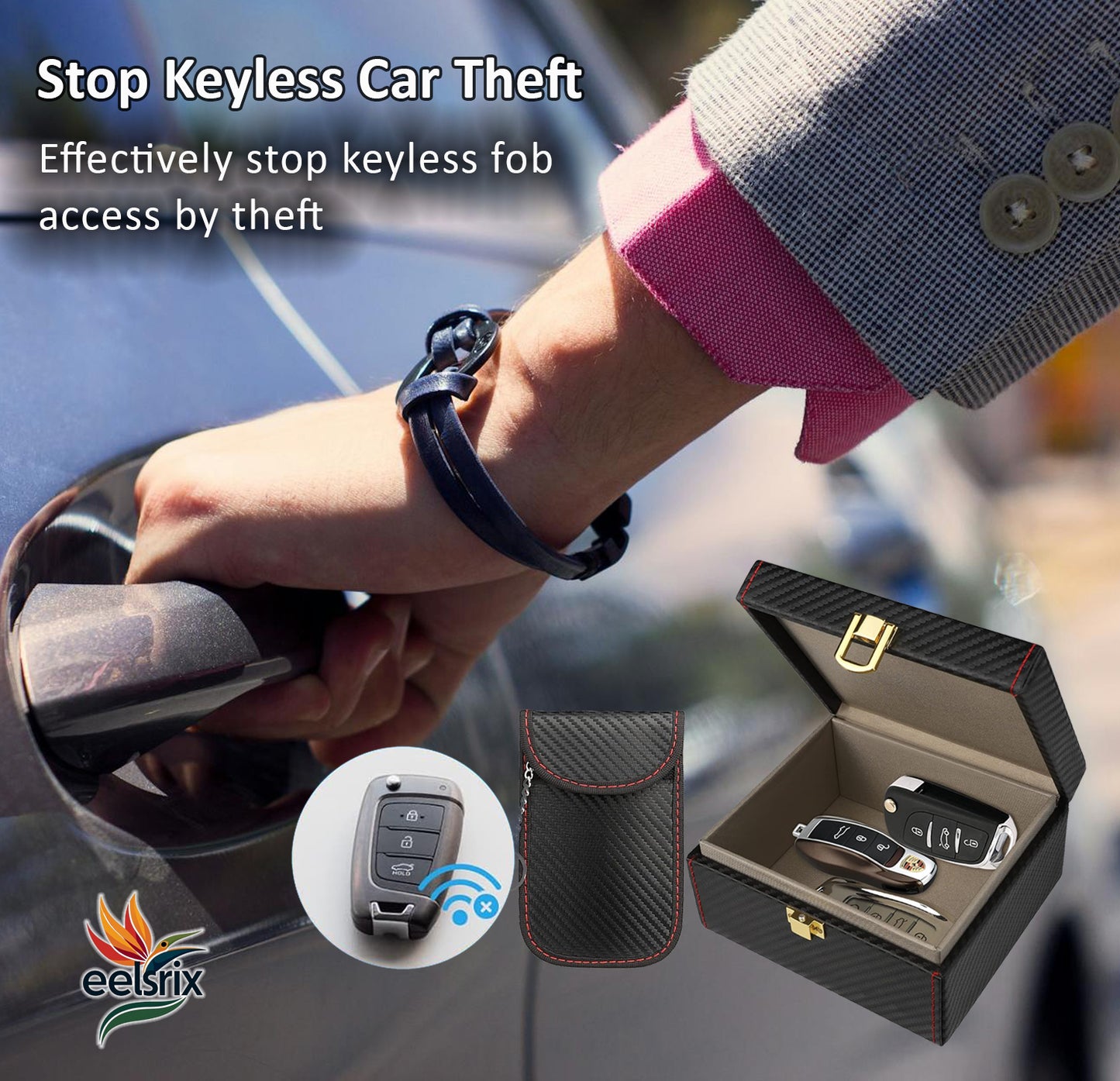 Anti-Theft RFID Signal Blocking Key Fob Protector: Medium-sized Faraday box accommodating 5-7 keys, includes two pouches, preventing unauthorized RFID scanning and keyless car theft by blocking signals.